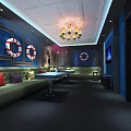 Modern KTV Interior Design With Chandelier Green Sofa TV Screen And Decorative Elements