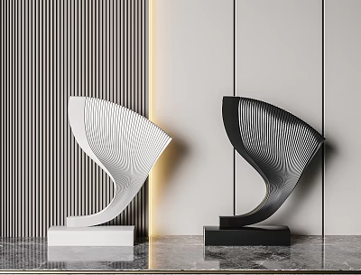 Modern Sculpture Carving With Curved Lines Black White Marble Base On Countertop Striped Wall Background 3d model