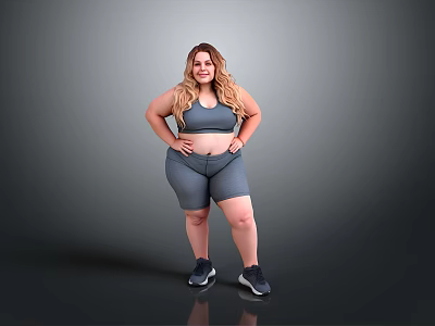 Woman in Gray Sports Bra and Gray Shorts with Hands on Hips Wearing Black Sneakers 3d model