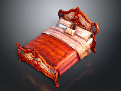 Classical Wooden Bed With Carved Headboard Red Beige Mattress And Decorative Pillows 3d model