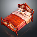 Classical Wooden Bed With Carved Headboard Red Beige Mattress And Decorative Pillows