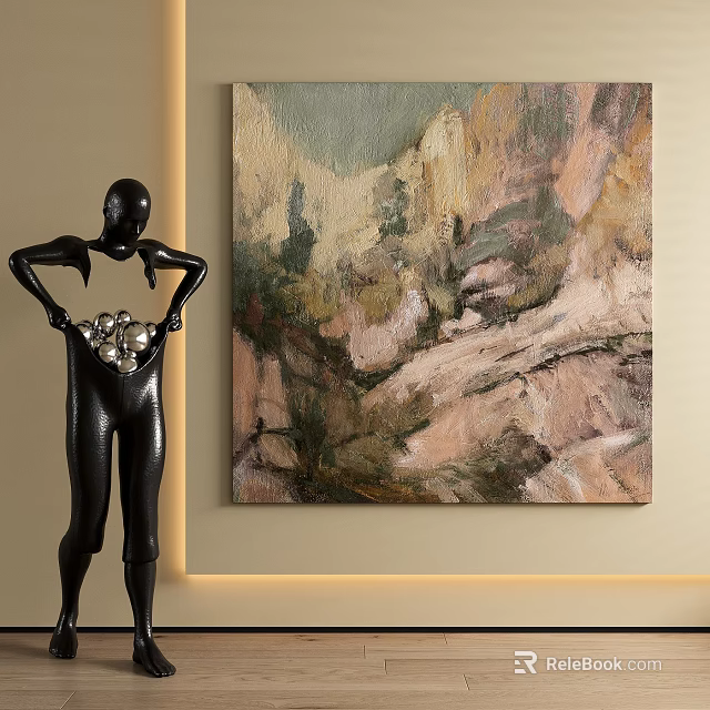 Abstract Painting On Beige Wall With Black Humanoid Sculpture Holding Pearls And Warm Lighting 3d model 