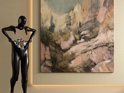Abstract Painting On Beige Wall With Black Humanoid Sculpture Holding Pearls And Warm Lighting 3d model