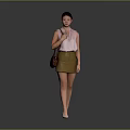A Woman Wearing Pink Sleeveless Top Brown Skirt Carrying Brown Handbag And High Heels Gray Background