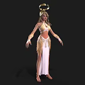 Woman With Long Blonde Hair In Golden Headdress And White Skirt With Fringes And Decorations