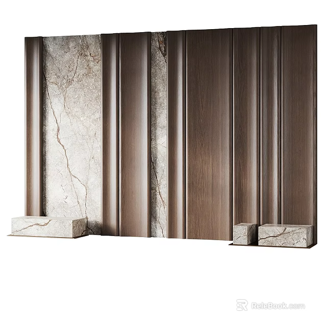 Modern Bedroom Accent Wall With Marble And Wooden Vertical Panel Design 3d model 
