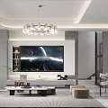 Modern Dining and Living Room Interior Featuring Dining Table Chairs Sofa Pendant Lights and Plants