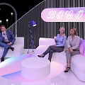 Modern Photo Check in Spot With Curved Structure Logo Sign White Sofas And Purple Lighting