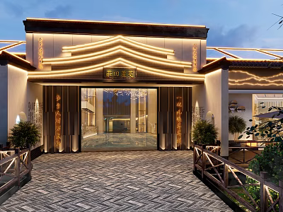Chinese Style Building Entrance With Light Strip Decoration Stone Pavement And Green Plants 3d model