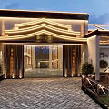 Chinese Style Building Entrance With Light Strip Decoration Stone Pavement And Green Plants