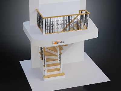 Modern Spiral Staircase Design With Wooden Steps Platform And Metal Railing 3d model