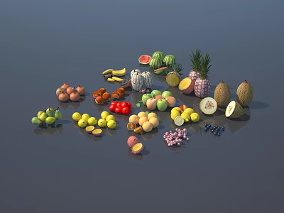 Colorful Assorted Fresh Fruits Display With Watermelon Pineapple Banana Apple And Berries 3d model