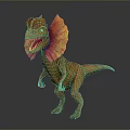 Dilophosaurus Dinosaur Character with Orange Red Frill and Brown Yellow Body Standing on Grey Background