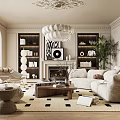 Elegant Modern Living Room Interior With Chandelier Bookshelves Fireplace Sofa And Rug