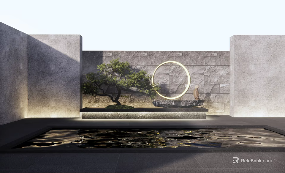 Serene Garden Feature Wall With Circular Ring Bonsai Tree And Water Feature 3d model