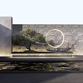Serene Garden Feature Wall With Circular Ring Bonsai Tree And Water Feature 3d model
