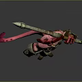 Fantasy Game Movie Character Featuring Red Horns Pink Body Large Sword Orange Cloak And Tail