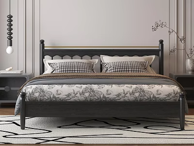 Modern Double Bed With Black Headboard Checkered Pillows Floral Bedspread And Nightstand 3d model