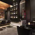 Modern Bar Interior Design With Leather Stools Counter Bottle Shelves And Ambient Lighting 3d model