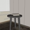 Dark Round Top Side Table With Three Legs And Books In Indoor Window Blinds Setting 3d model