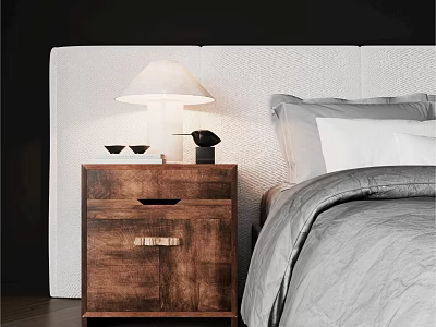 Elegant Wooden Bedside Table With Lamp Cups Black Decor Beside Bed White Headboard 3d model