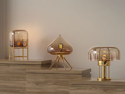 Elegant Modern Table Lamps With Golden Stand And Transparent Glass Shade On Wooden Steps 3d model