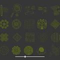 Golden Various Geometric Animal Decorative Patterns With Gears Birds Spirals And Diamonds