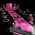 Pink Wedding Banquet Hall With Decorative Flowers Walkway Lighting And Dark Backdrop