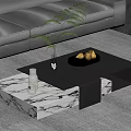 Modern Black Coffee Table With Marble Base Green Plant Fruit Plate And Glass Cup