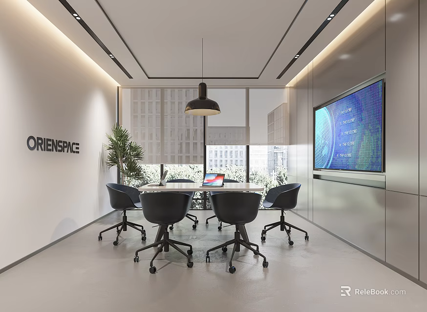 Modern Meeting Room Interior With Conference Table Black Office Chairs Large Screen City View And Plants 3d model 