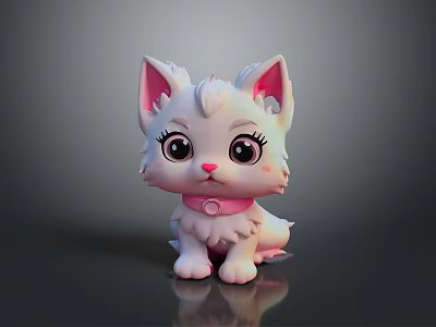 Cute White Puppy with Big Eyes Pink Ears and Pink Collar in Cartoon Style 3d model