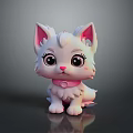 Cute White Puppy with Big Eyes Pink Ears and Pink Collar in Cartoon Style
