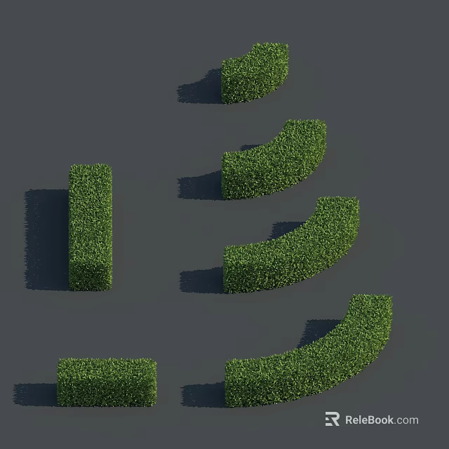 Trimmed Green Shrubs with Various Shapes Arranged on Gray Background 3d model 