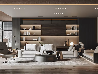 Modern Living Room Interior Design with White Sofas Round Coffee Table Wooden Bookshelves and Decor 3d model