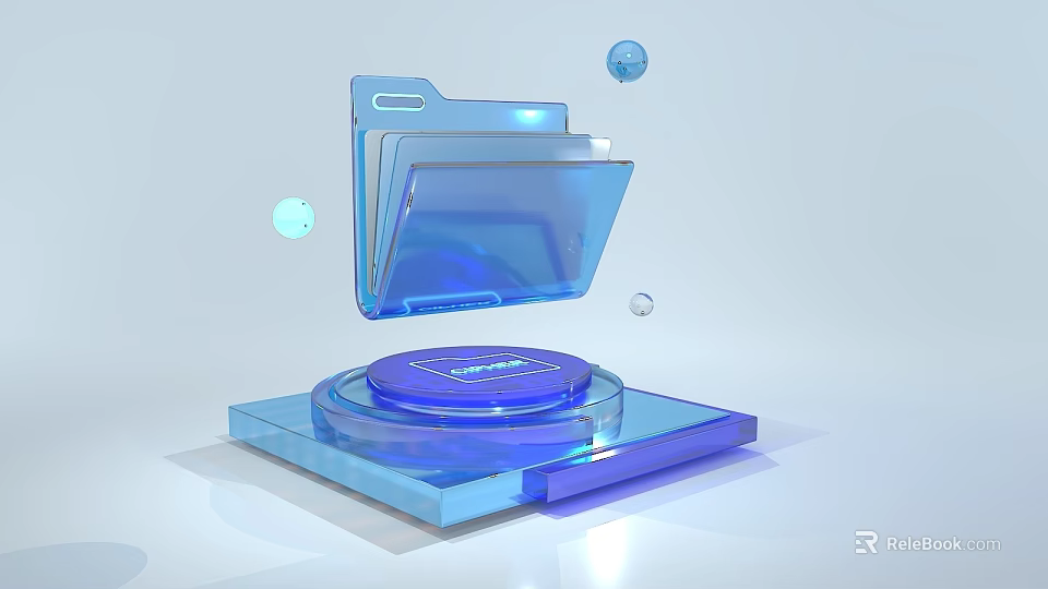 3D Digital Interface With Blue Transparent Floating Folder On Glossy Platform 3d model