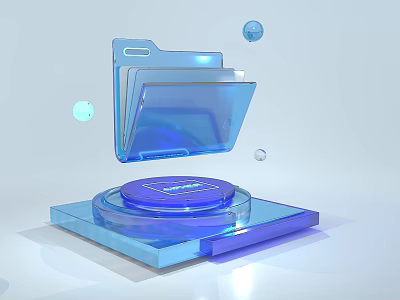 3D Digital Interface With Blue Transparent Floating Folder On Glossy Platform 3d model