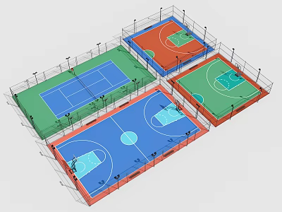 Park Sports Featuring Basketball Tennis Courts Blue Green Red Surfaces With Surrounding Fencing And Lighting 3d model