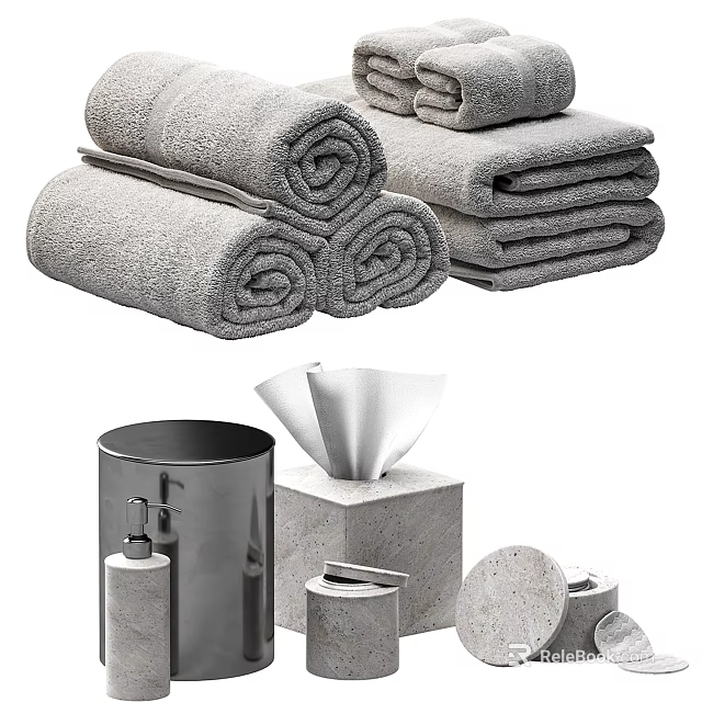 Soft Absorbent Gray Rolled Towels With Bathroom Tissue Box Trash Can And Soap Dispenser 3d model 