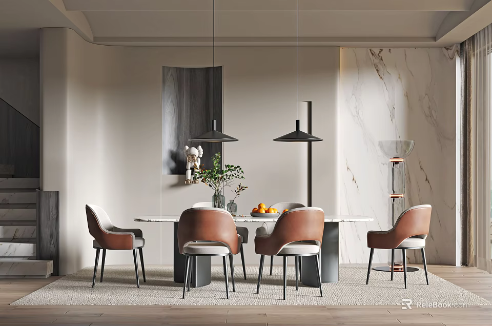 Modern Restaurant Interior Featuring White Dining Table Brown Chairs Pendant Lights And Marble Wall 3d model