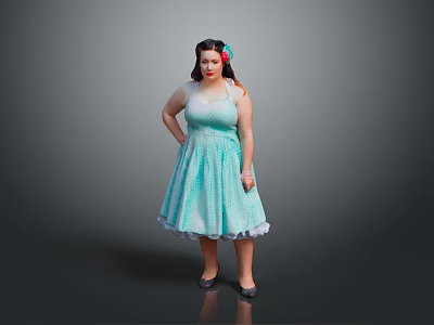 Little Girl in Light Blue Polka Dot Dress with Floral Hair Accessory on Grey Background 3d model