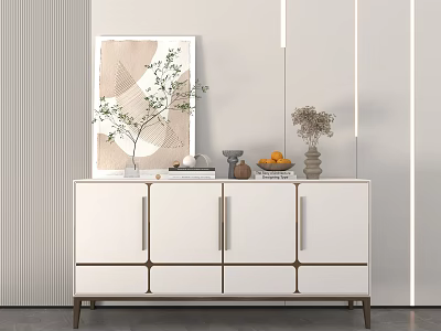 Modern White Sideboard With Decorative Green Plant Fruit Bowl And Wall Art 3d model