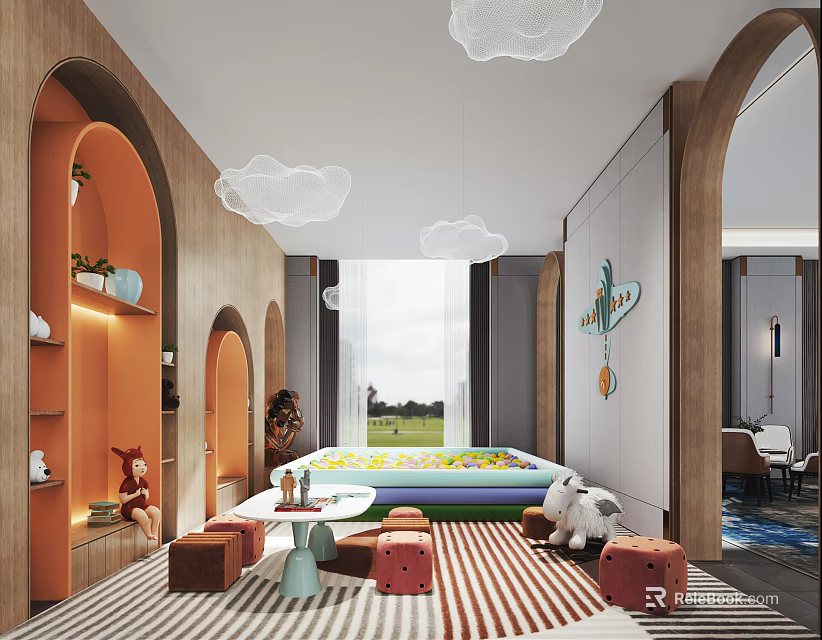 Cozy Kids Playroom Interior With Cloud Pendant Lights Green Padded Area Striped Carpet Arched Doors 3d model 