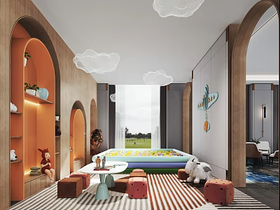 Cozy Kids Playroom Interior With Cloud Pendant Lights Green Padded Area Striped Carpet Arched Doors 3d model