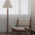 Brown White Leisure Chair With Wooden Frame Woven Design And Floor Lamp By Curtains