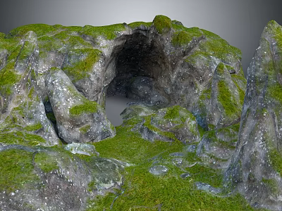 Detailed Natural Rock Formation Featuring Mossy Cave And Lush Green Grass Terrain 3d model
