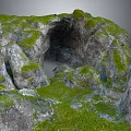 Detailed Natural Rock Formation Featuring Mossy Cave And Lush Green Grass Terrain