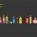 Colorful Decorative Ornament Set With Various Shaped Glass Bottles And Reflections On Black Background