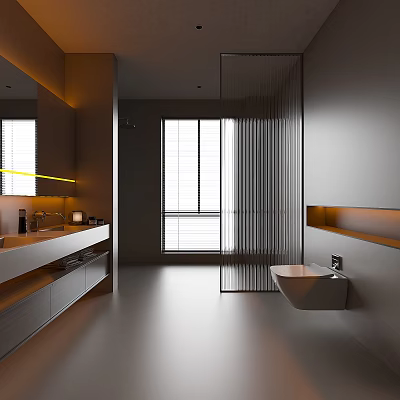 Modern Bathroom Interior Design With Glass Shower Enclosure Double Vanity Sink And Wall Mounted Toilet 3d model