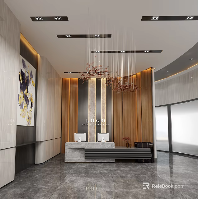 Modern Reception Area Interior With Marble Desk Wooden Wall And Chandelier Design 3d model 