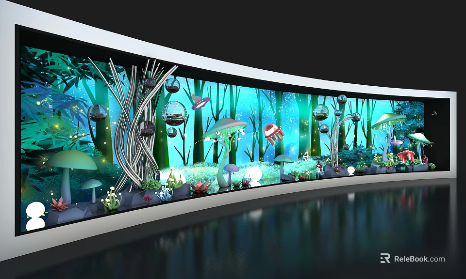 Enchanting Window Display With Bamboo Mushroom Ornaments Soft Lighting And Natural Elements 3d model 
